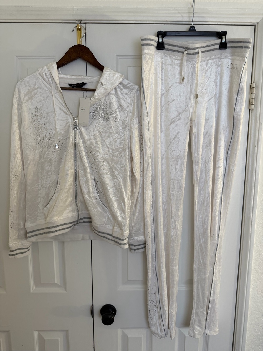 BCBGMaxAzria White Velour Hoodie and Track Pants Set